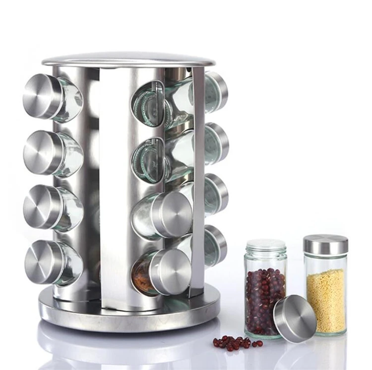 

Amazon Top Seller 12/16 Pack 360 Turntable Rotating Spice Jar Organizer Stainless Steel Revolving Kitchen Storage Spice Rack Set, As picture or customized