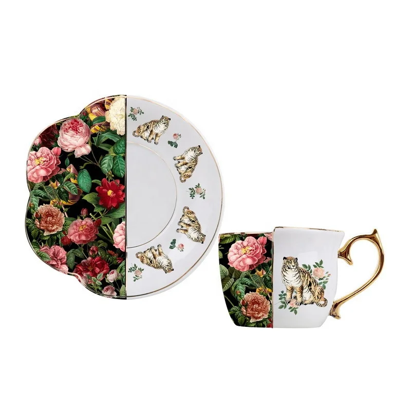 

New Chinese style irregular mug ceramic cup and saucer coffee cup porcelain mug tea cup set, Full decal