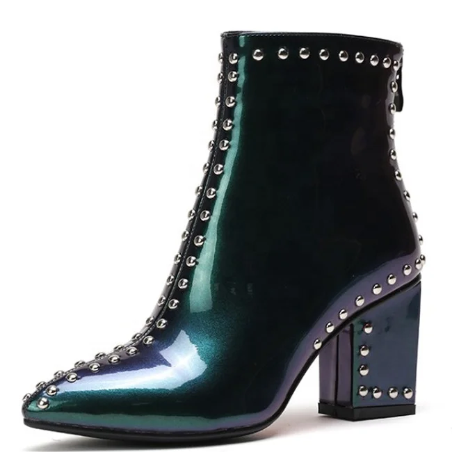 

Shiny Leather Women Ankle Boots Chunky Heel Rivets Studs Dress Booties Women Lady Dress Short Boots, Green black