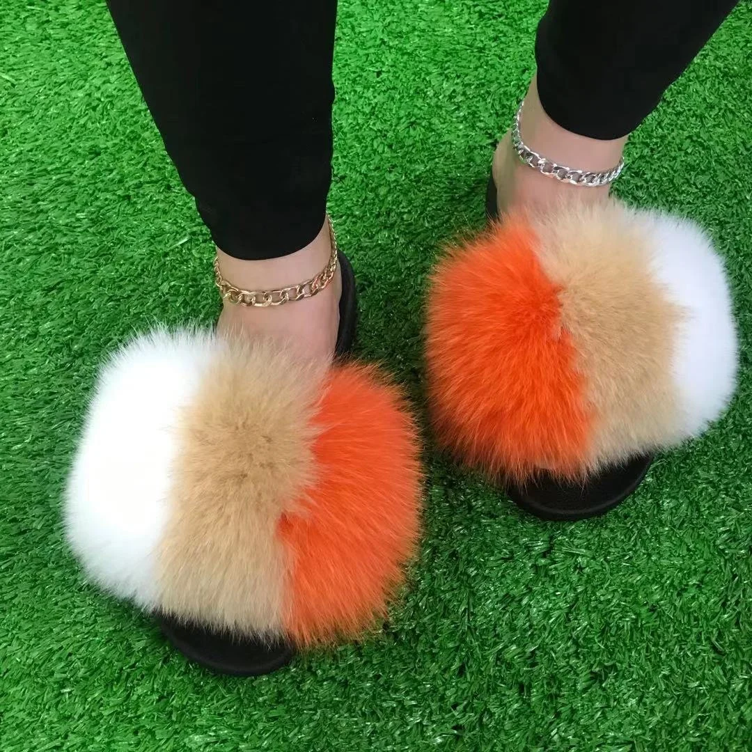 

Real fur slippers youth fox fur slippers real fur slides fox, Color matching or can be customized according to requirements