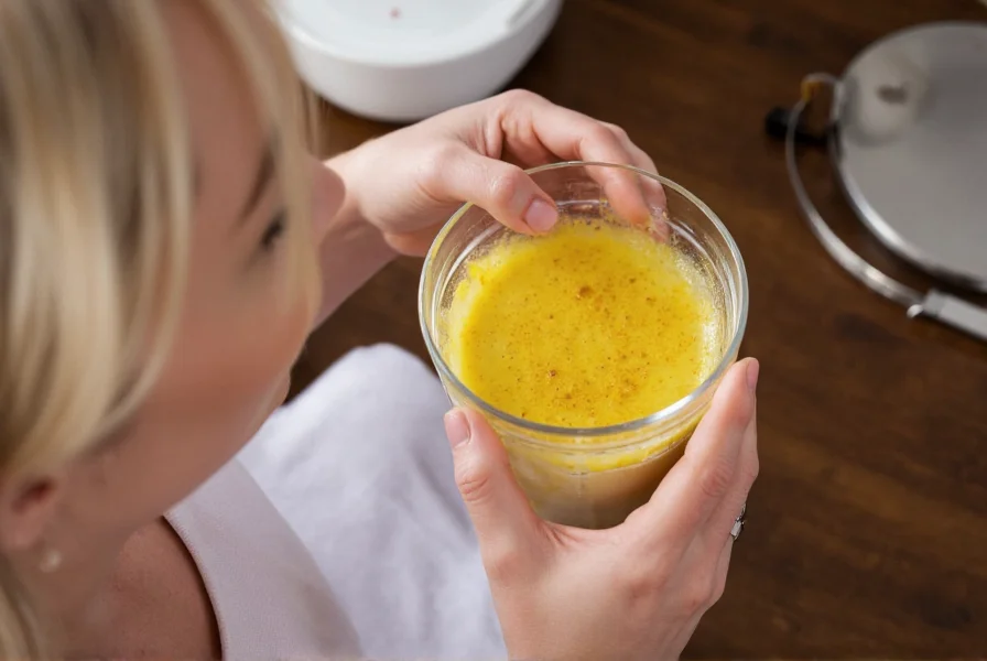 Breastfeeding mother preparing turmeric golden milk in kitchen