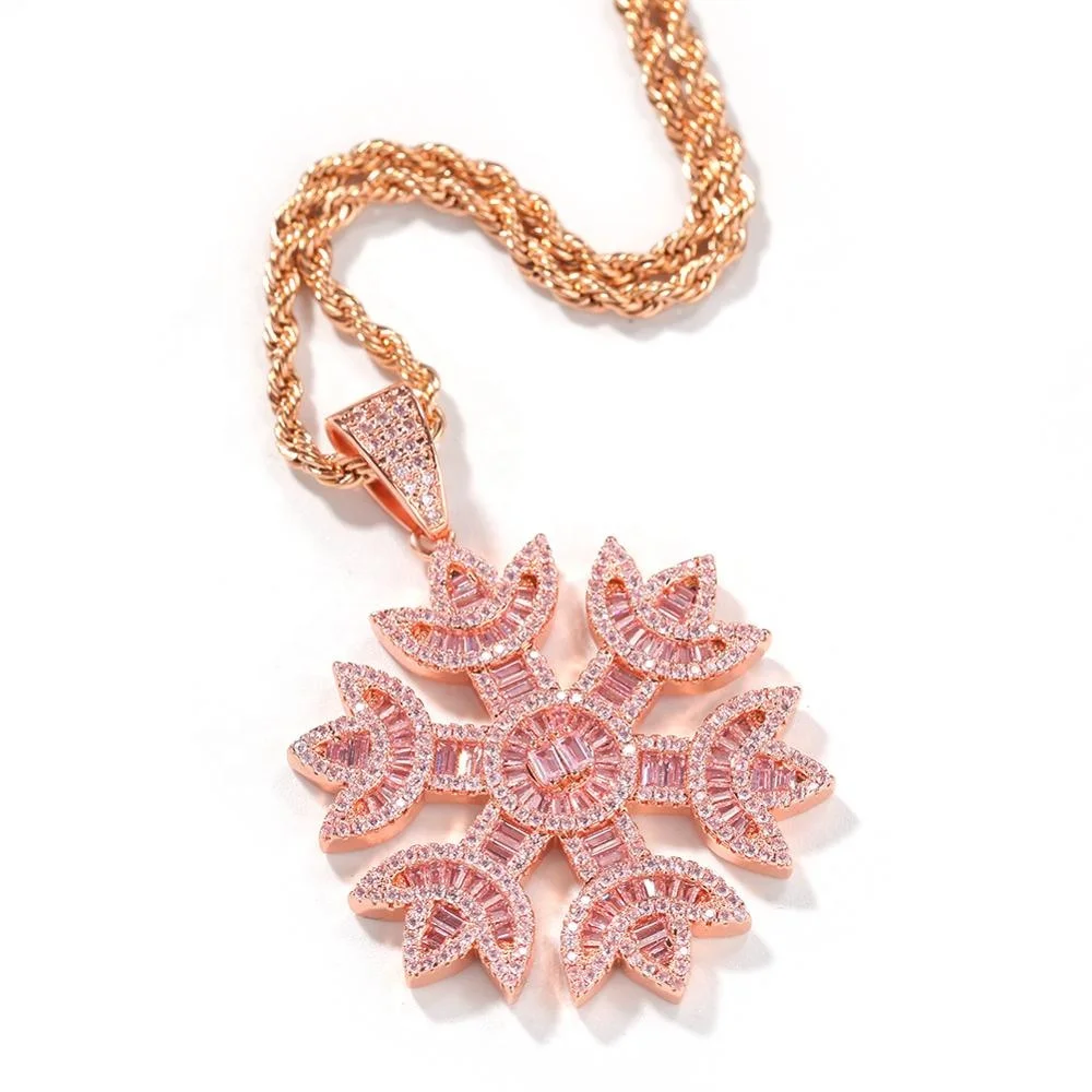 Wholesale Fashion Hiphop Jewelry 18k Rose Gold Plated Iced Out Baguette CZ Pink Snowflake Pendant