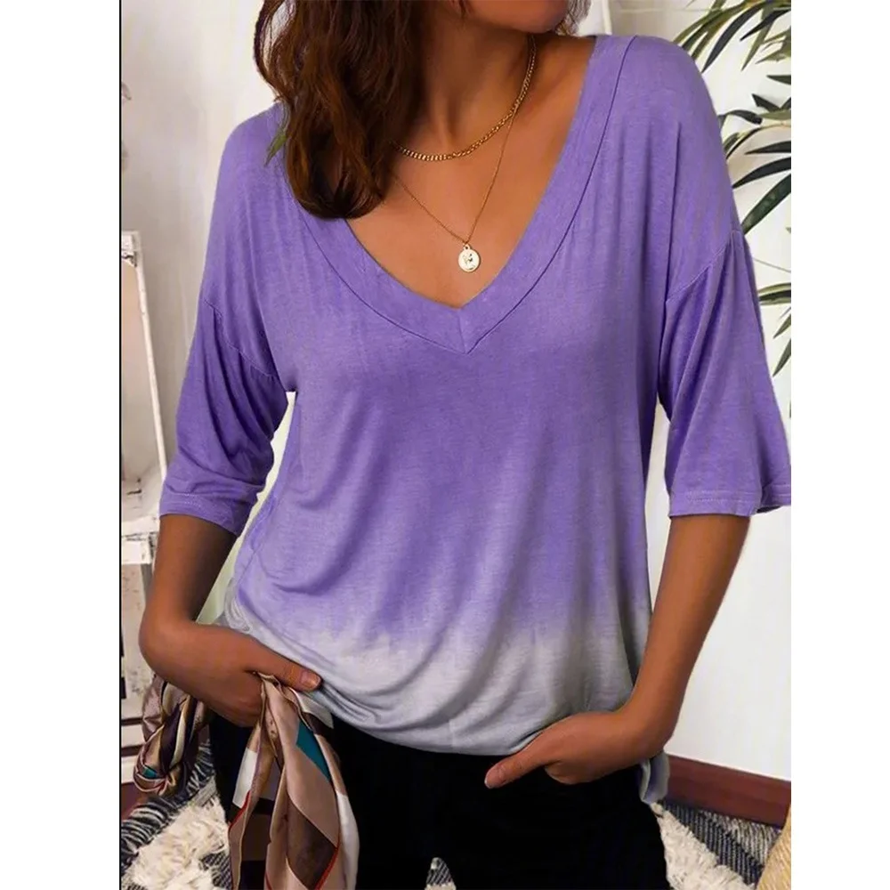 

Women's V-neck loose casual print hot selling hot style medium sleeve T-shirt