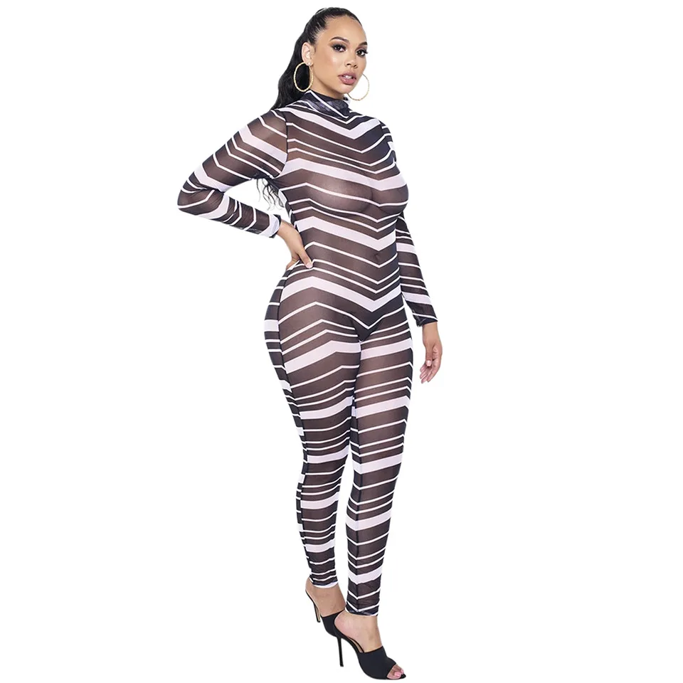 

2021 Summer Rompers Club Long Sleeve Zipper Spandex Sexy Lucky Label Corset Bodycon Striped See Through Womens Jumpsuit, As pictures