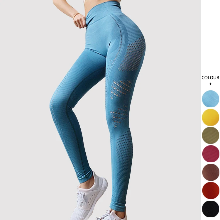 

2022 New Custom Hollowed Out Design Women Solid Color Gym Seamless Yoga Leggings Comfortable Quick Dry Seamless Pants