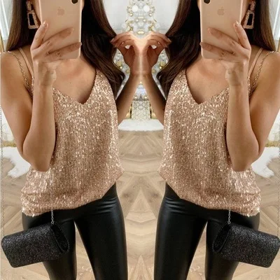 

Ecoparty Spaghetti Strap Sequined Bling Silk Top Women Halter V Neck Sleeveless Satin Silk Tank Tops Women'S Summer Plus Size, As show