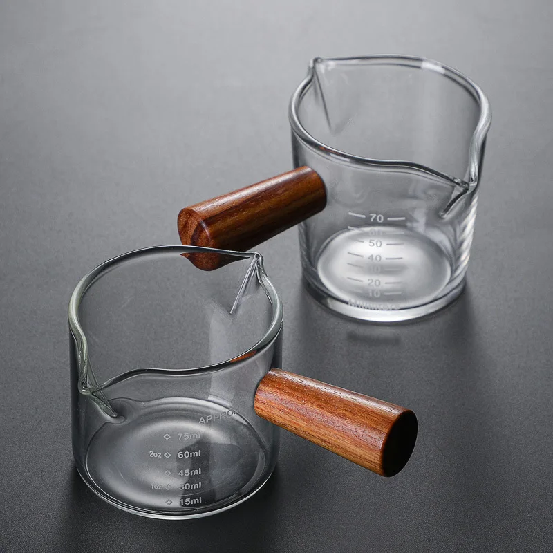 

Glass Measuring Beaker cup tumbler mug with wood Handle for Measurement Milk, Juice, Beer, Coffee