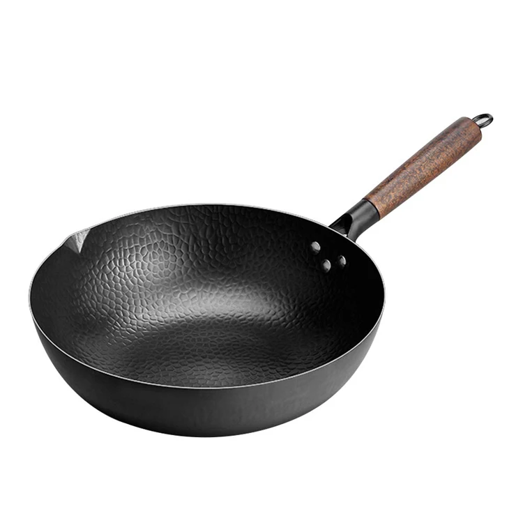 

Traditional Chinese Japanese Woks Hand Hammered Carbon Steel Woks With Detachable Wood Handle