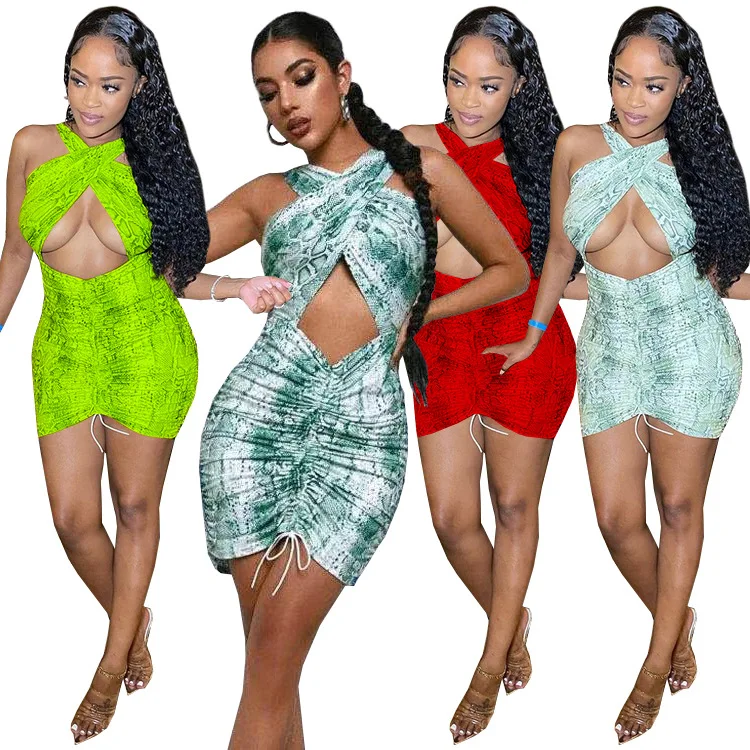 

2021 Fashion Snake Print Sleeveless Bodycon Mini Dress Women Clothes Sexy Club Outfits Summer Party Elegant Dresses, Picture color