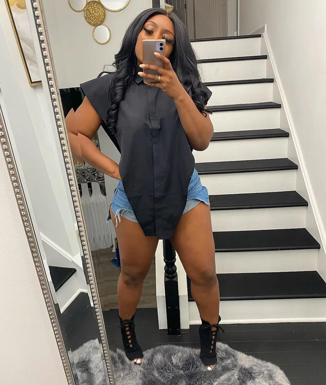 

2021 women's new hanging neck v-breasted shirt T-shirt high waist pants suit