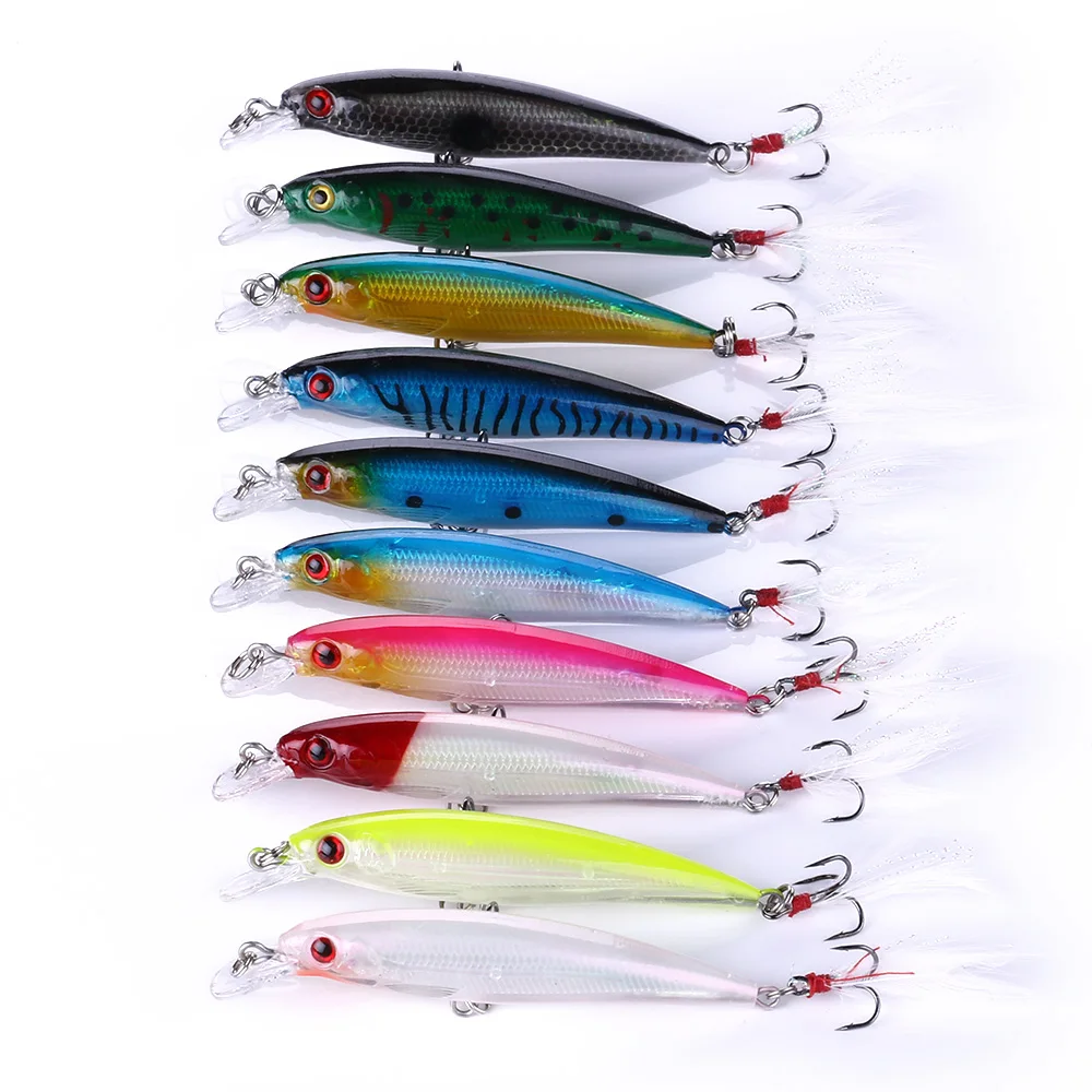 

Hengjia 9cm 8g Fishing Lures Hard bait ice fishing tackle iscas artificiais Minnow lures feather hook, 10 available/unpainted/customized