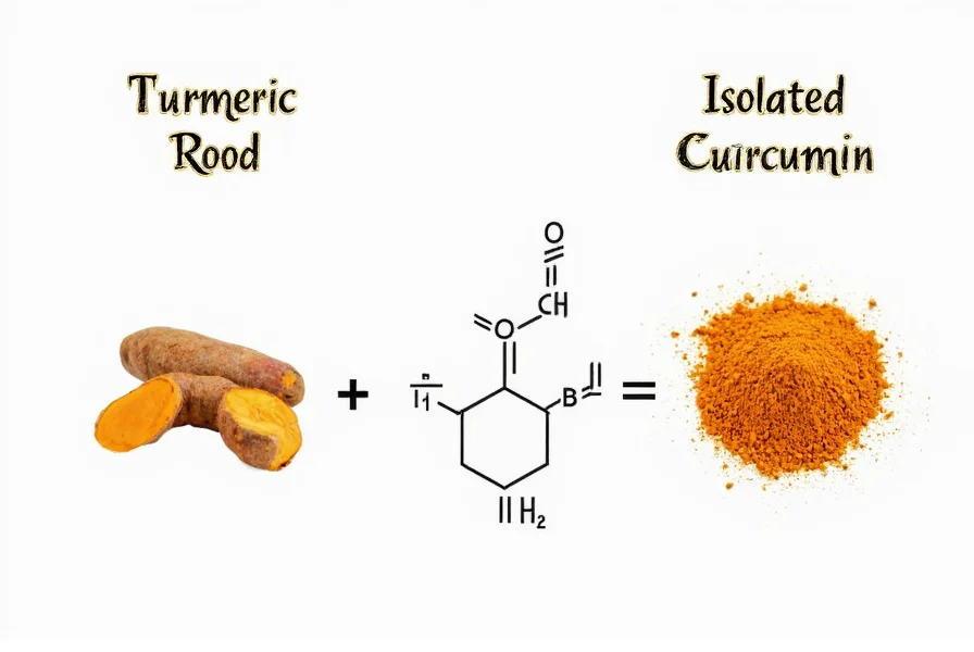 Chemical structure comparison of turmeric root and isolated curcumin compound