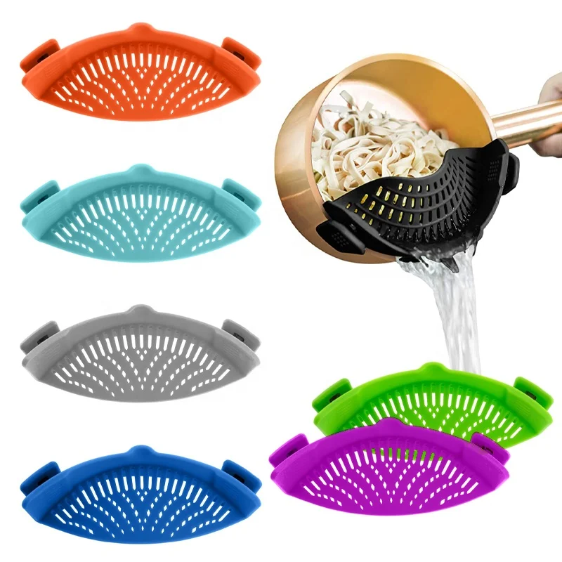 

K81 Amazon Kitchen Wash Rice Vegetable Tools Food Draining Strainer Pots Silicone Clip On Colander Strainer, 10 colors