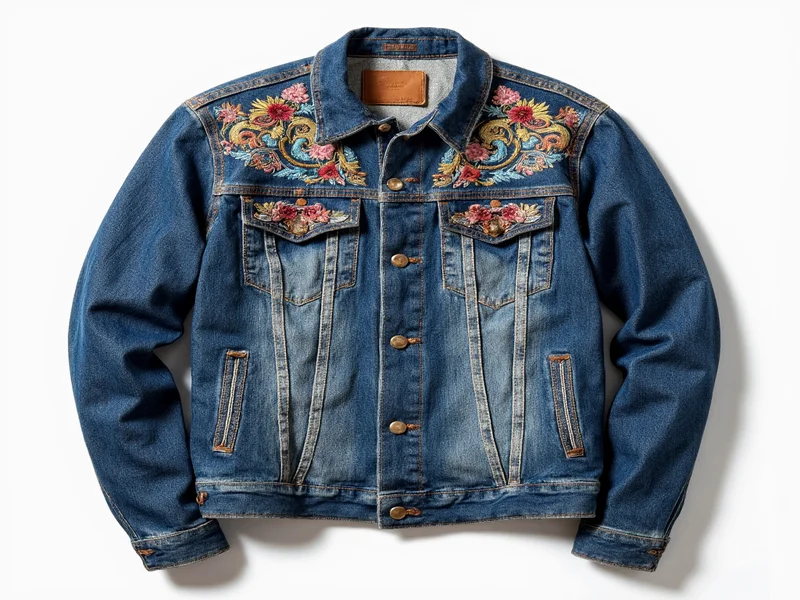 Vintage faded denim jacket with hand-stitched embroidery details