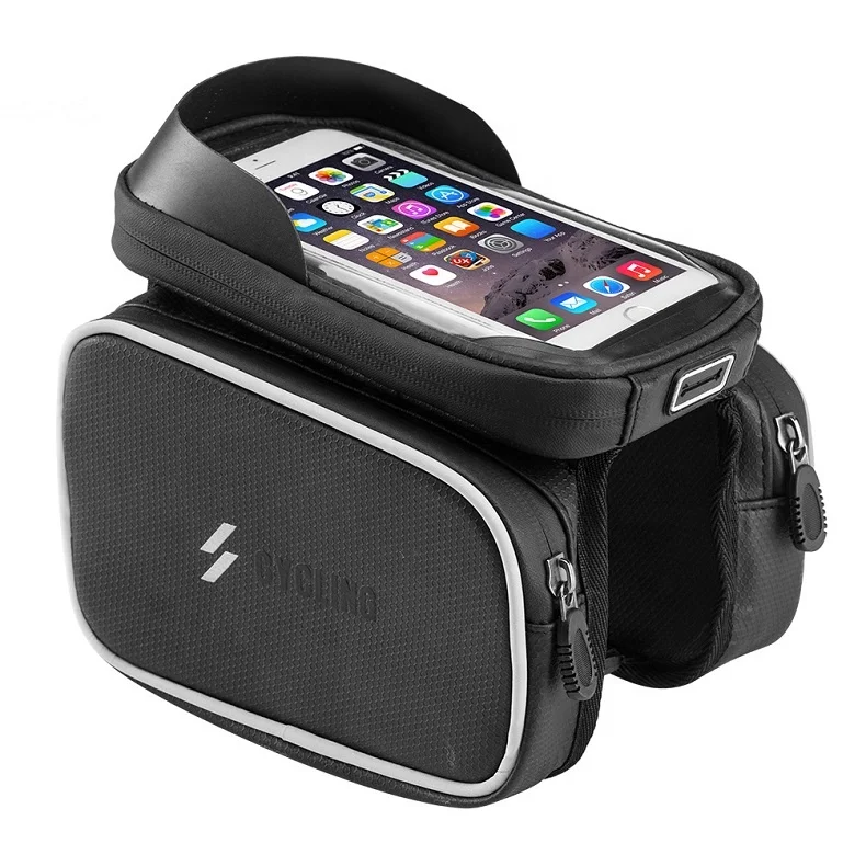 

Bike Bicycle Frame Front Head Top Tube Bag Double pouch Cycling Pannier For 6.2" Cell Phone Smartphone Case, Black