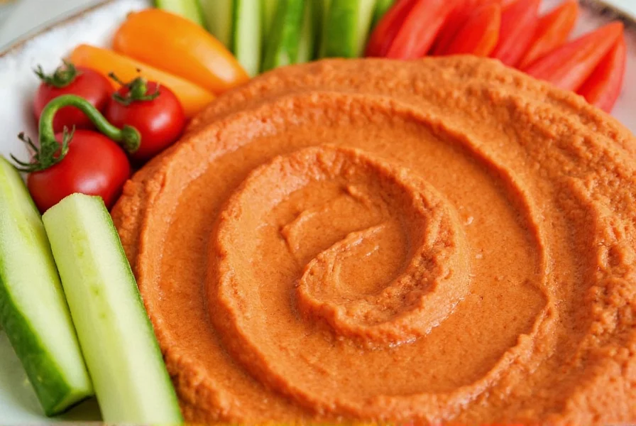 Close-up of Sabra Roasted Red Pepper Hummus with fresh vegetables for dipping arranged artistically