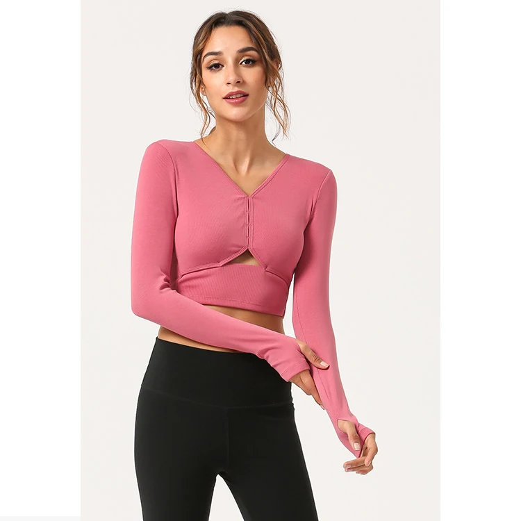 

2020 luxury quality women work out jogging cotton yoga crop tops long sleeve with bra, 4 colors
