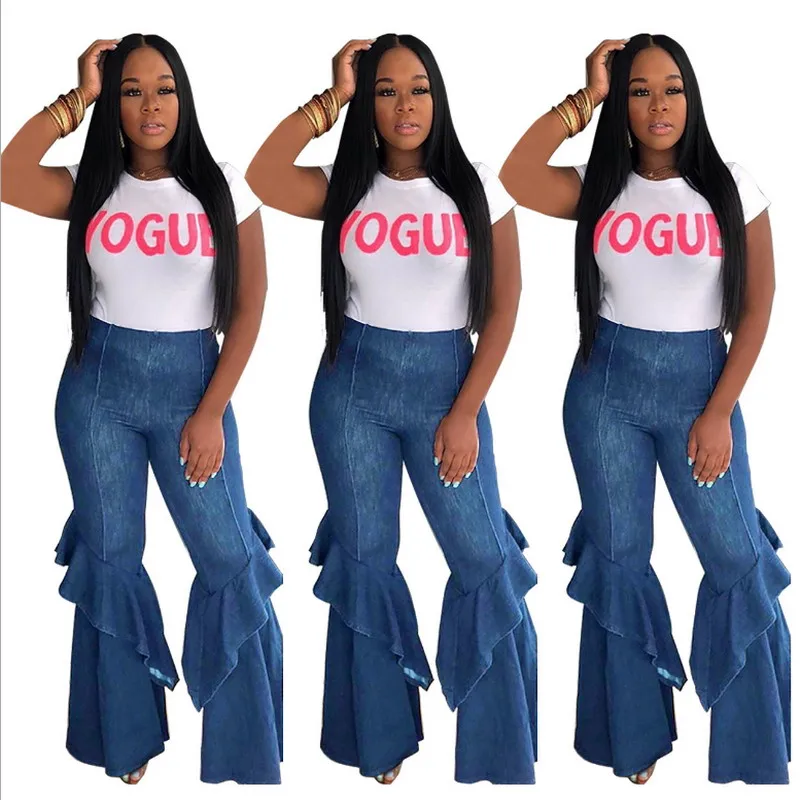 

Hot Selling Sexy Nightclub Fashion Denim Washed Flared Pants Loose Plus Size Long Jeans Trousers, As pictures