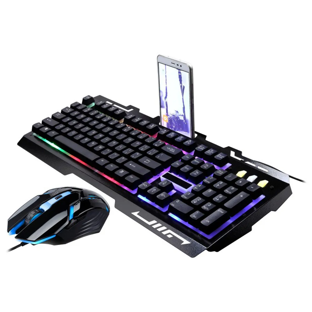 

G700 USB Wired Ergonomic LED Rainbow Color Backlight One handed Mechanical Gaming Keyboard Combo Mouse Set For PC