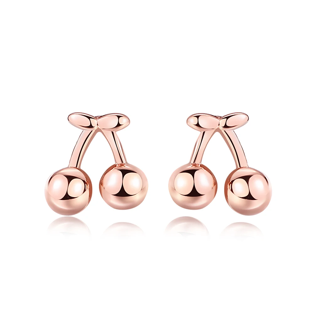 

925 Sterling Silver Rose Gold Plated Kids Children Simple Small Cute Pink Fruit Cherry Stud Earrings Jewelry For Women Girls