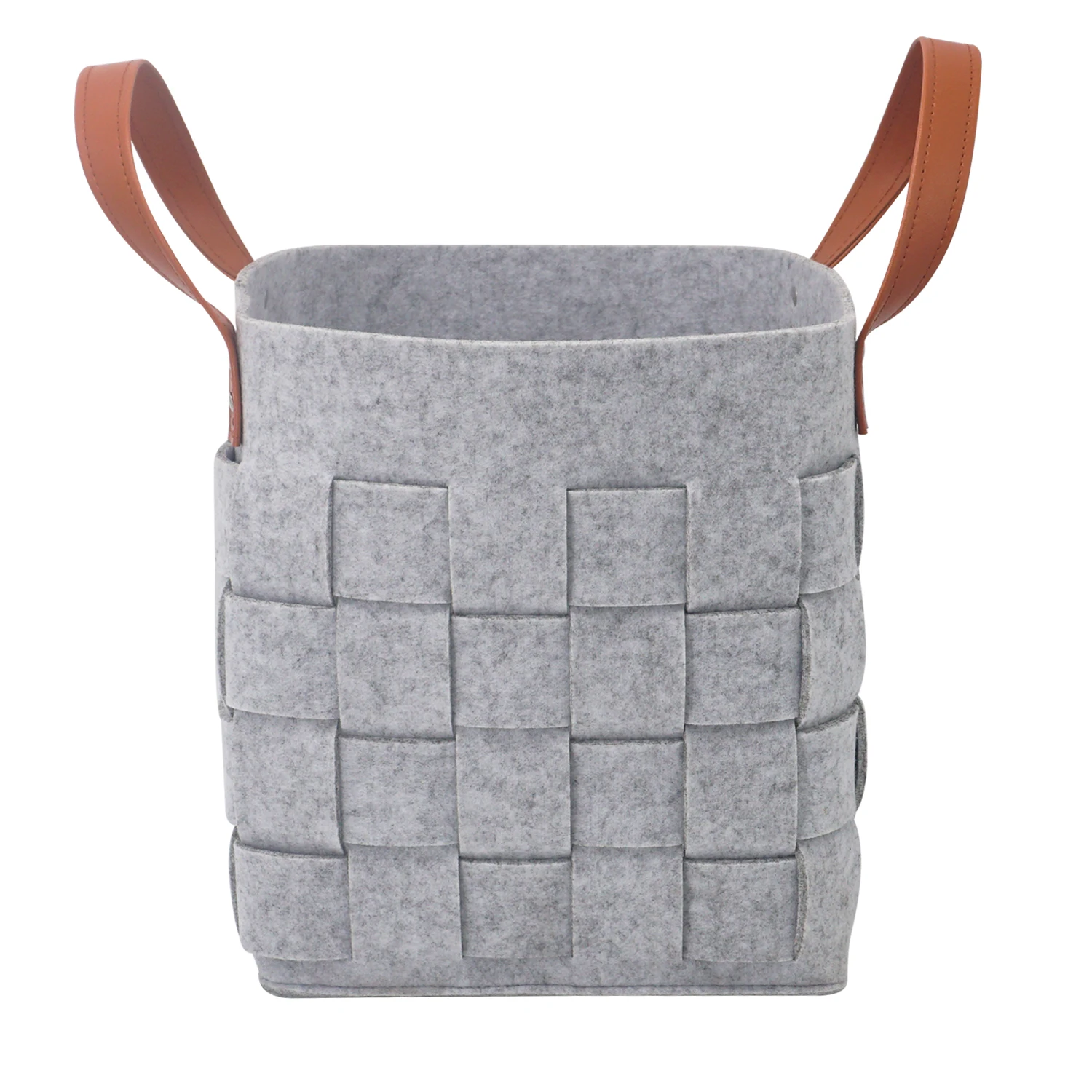 

Wholesale customized collapsible soft felt basket woven storage with leather handles, Grey