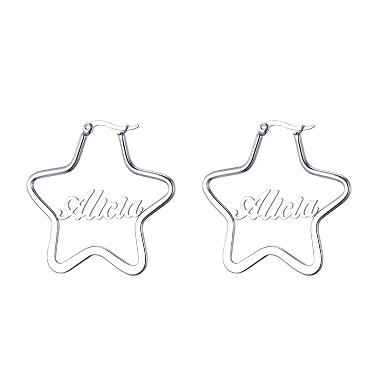 Personalized Jewelry Stainless Steel Silver Star Hoop Earrings Custom Any Name Earrings For Valentines Day Gifts