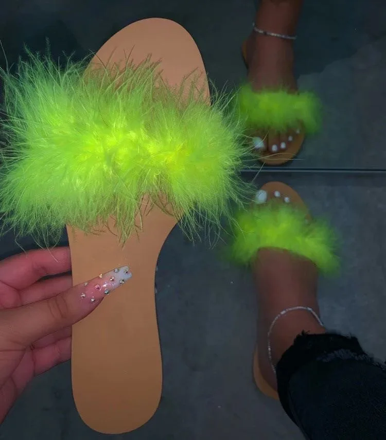 

Latest Trend Summer Custom Wholesale Turkey Feather Fluffy Fuzzy Women Fur Sandals Slippers, Black/apricot/green