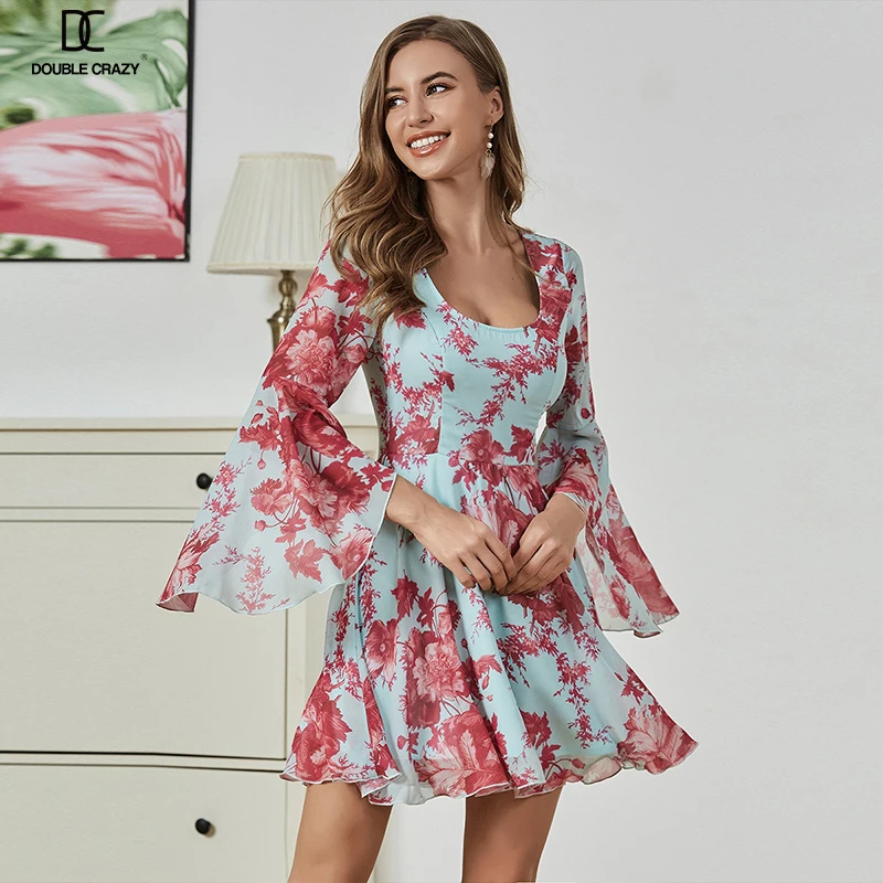 

Weixin Double Crazy Bell Sleeve Ruffle Floral Print Fashion Women Summer Casual Dress