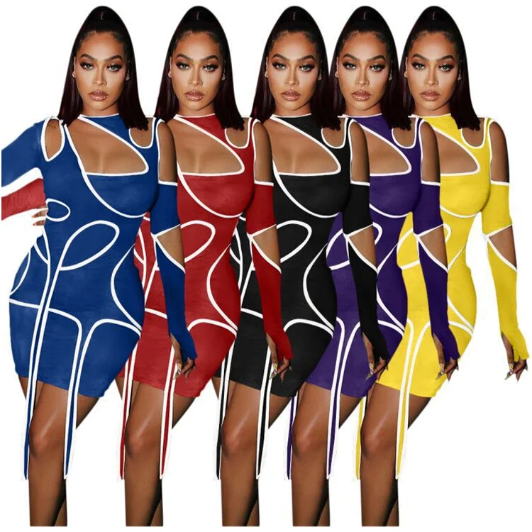 

Summer Dresses Trendy Women's Clothing Stripe Hollow Out Long Sleev Dress Patchwork Sexy Plus Size Bbodycon Mini Skirt, Black, blue, red, purple, yellow