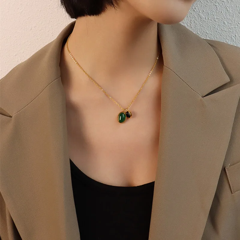 

18k Gold Plated Stainless Steel Link Chain Choker Green Black Agate Pendant Necklace for Women