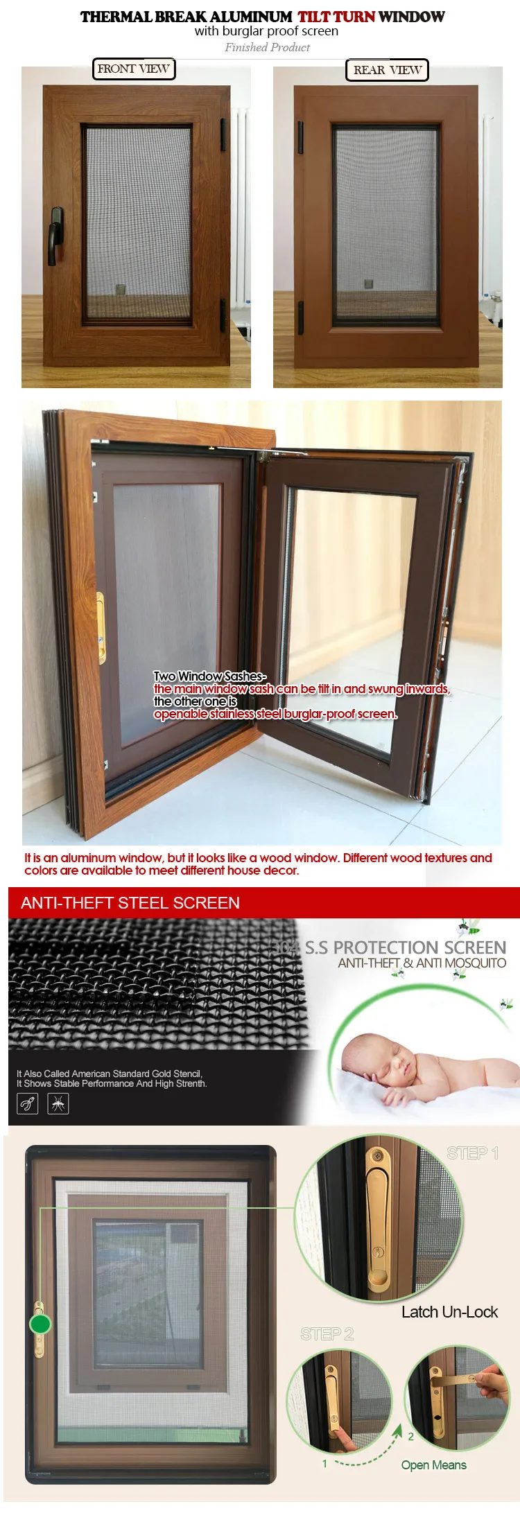 2020 Easy to install Solid oak wood  water based paint gate designs fixed and security casement windows and doors