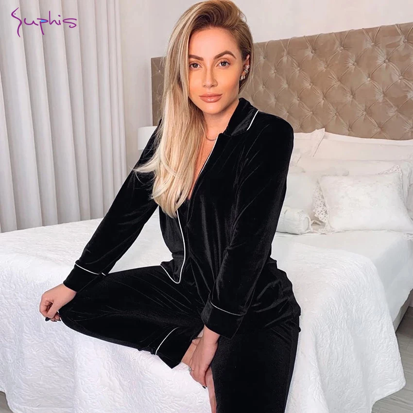 

SUPHIS Black 2021 Pajama Thick Long Sleeve Sleepwear Warm Solid Home Suit Nightwear Winter Velvet Pajamas Women Two Piece Set
