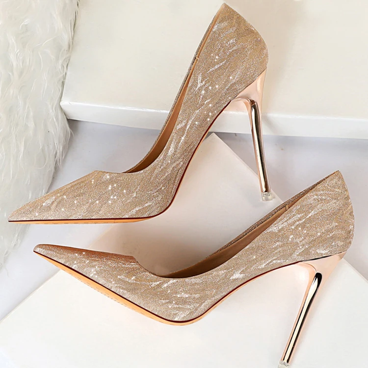 

Dropshipping heels wedding shoes for women pointed toe stiletto pumps dresses custom solid heels, Silver, champagne