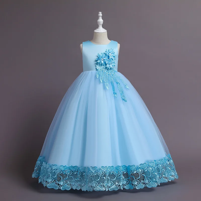 

WR001 Latest Western Princess Dress Girls Evening Party Ball Gown Hot sell Gorgeous Long Flower Kids dress, As picture