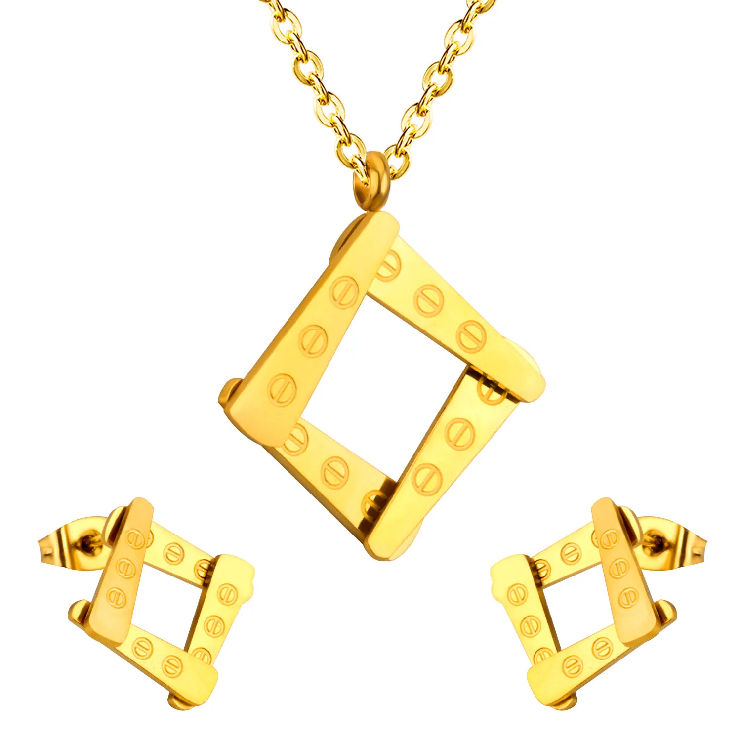 

square pendant women's stainless steel earring necklace men jewery sets jewelry set 18k