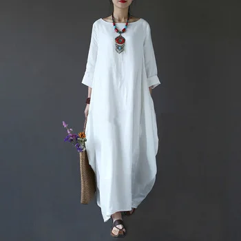 

2020 Women loose linen dress,casual long pure color plus size harajuku dress, Black, white, light red, green, blue