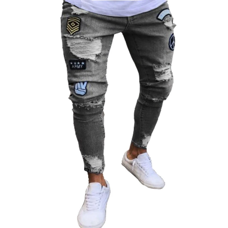 

New Italy Style Men's Distressed Destroyed Badge Pants Art Patches Skinny Biker White Jeans Slim Trousers men denim jeans