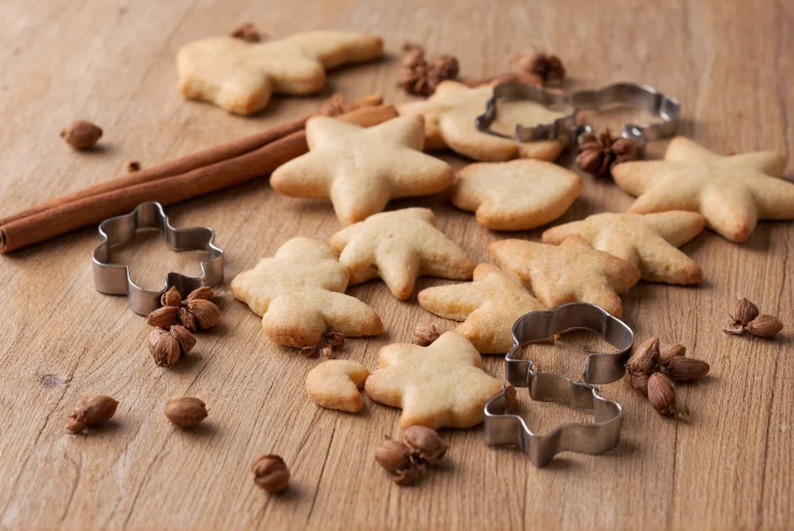 Swedish pepparkakor cookie cutters arranged on a wooden table with cinnamon sticks and cardamom pods