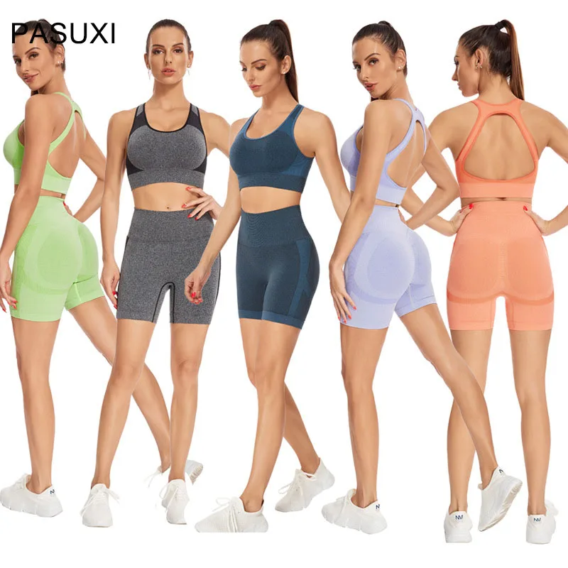 

PASUXI Sport Yoga Bra For Women Seamless Long Sleeve Crop Top Gym Shirts Workout Clothes Short Legging Plus Size 2 Pcs Sets