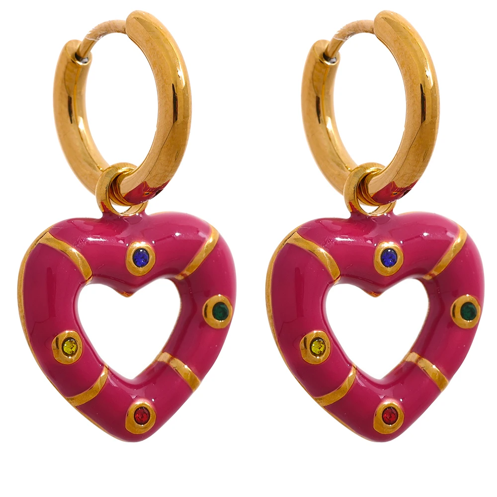 

JINYOU 1054 Fashion Pink White Black Enamel Heart Drop Stainless Steel Hoop Earrings High Quality Zircon Charm Jewelry for Women