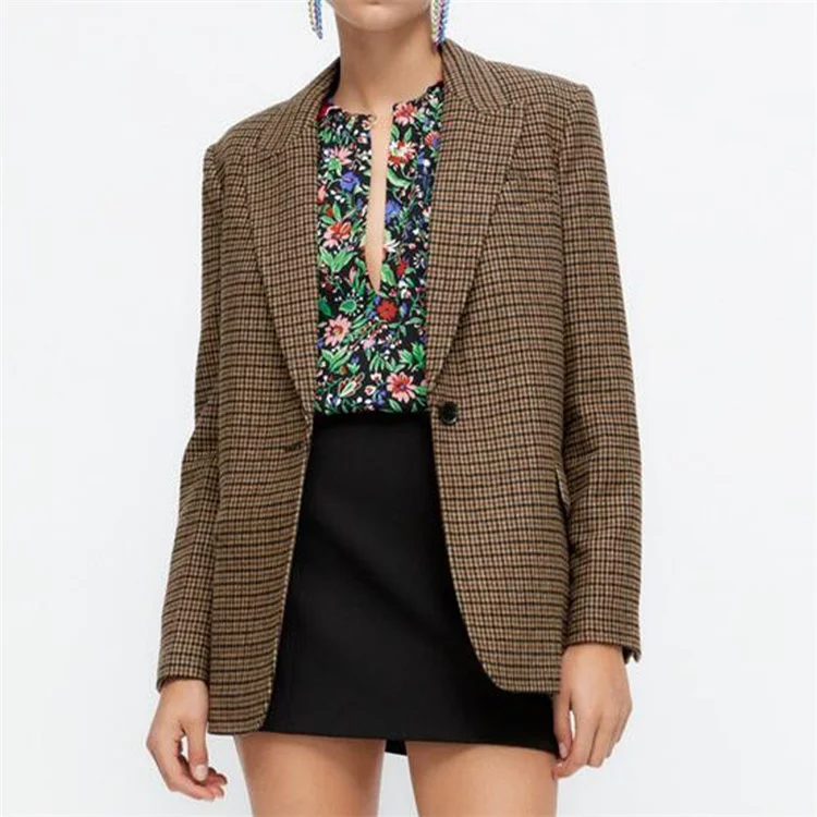 

Top Selling Autumn Stylish Women Brown Fine Plaid Blazer Jacket Houndstooth Suit Coat