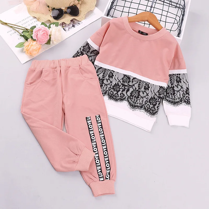 

5sizes Kids 2021 Spring Autumn Patchwork Sleeve Sweatshirt+pants 2 Piece Sports Set For 3-7y Girls Set