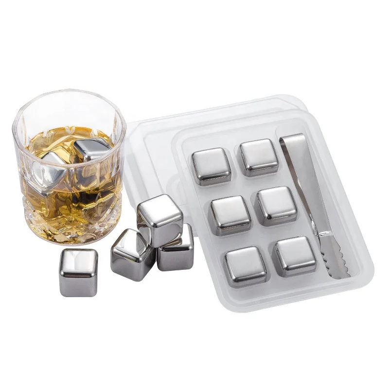 

Free box! Metal chilling reusable whiskey stones stainless steel 304 ice cube rocks with tongs for bar wine, Silver