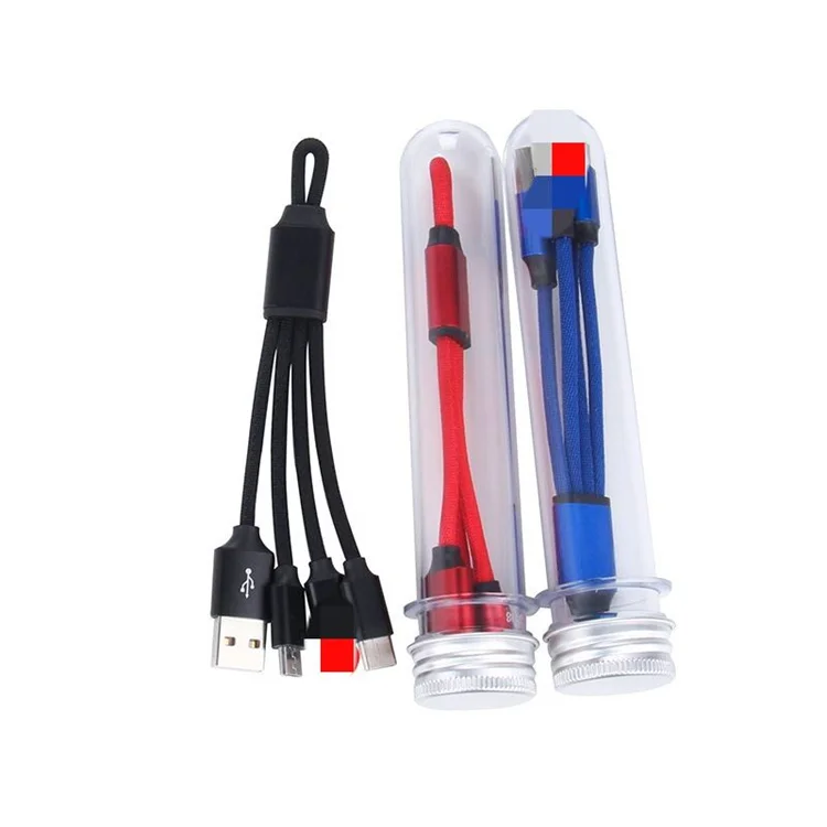 

3 in 1 USB Cable 2.1A Fast Charging Cable Nylon Braided USB Charge Short Key Chain Cable, Black,blue,red