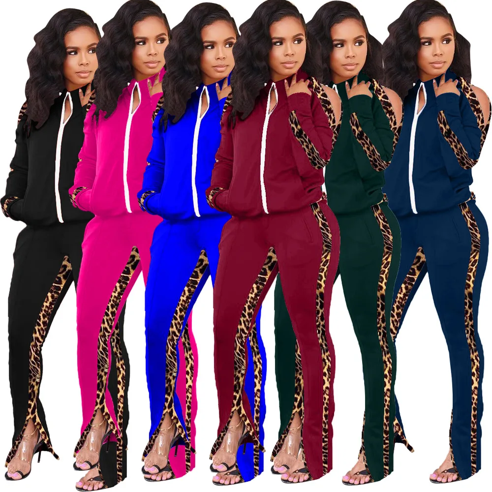 

Custom Design Fall Clothing Leopard Print Splice Off Shoulder Ladies Sexy Track Suit Outfits Two Piece Set Women Sweat Suits