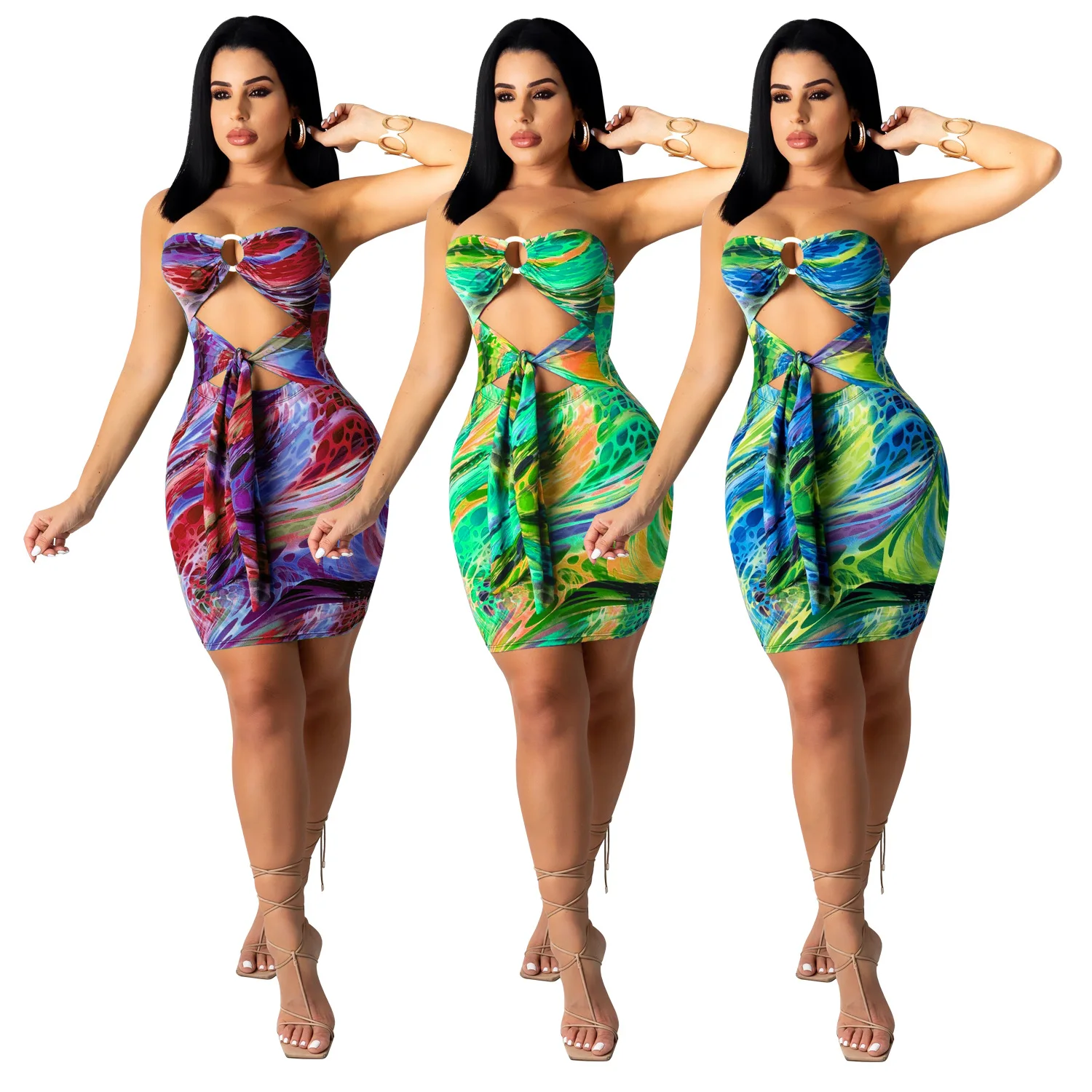 

Hot sale tie dye mini dress casual short tight dresses sexy cut out back dress