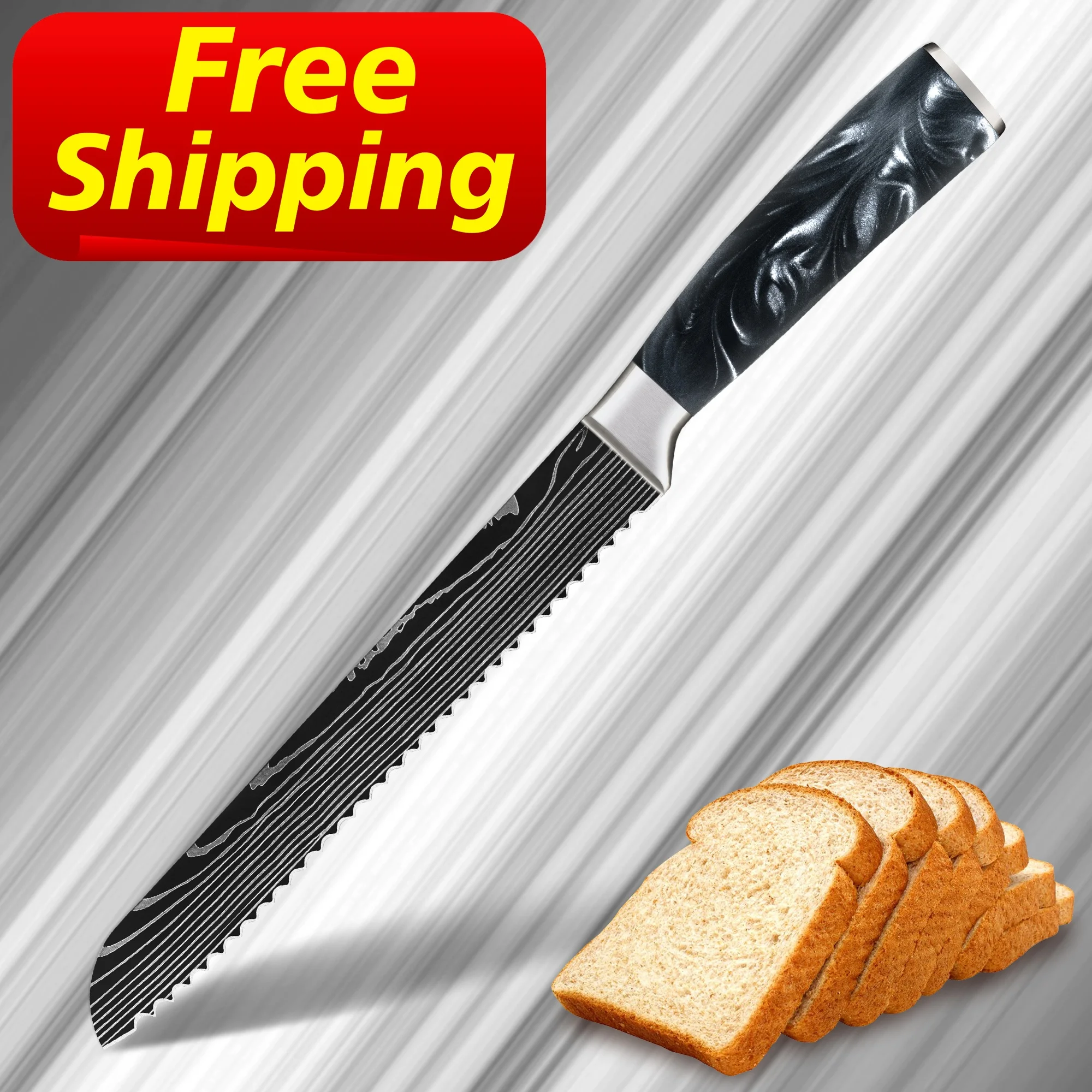 

Free Shipping Obsidian Black Resin 8 inch damascus stainless steel bread scoring knife bread slicer knife stainless steel, Customized color