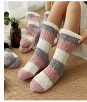 

Women cable knit fuzzy Fleece Lining super soft warm winter colourful non skid slipper socks with grips