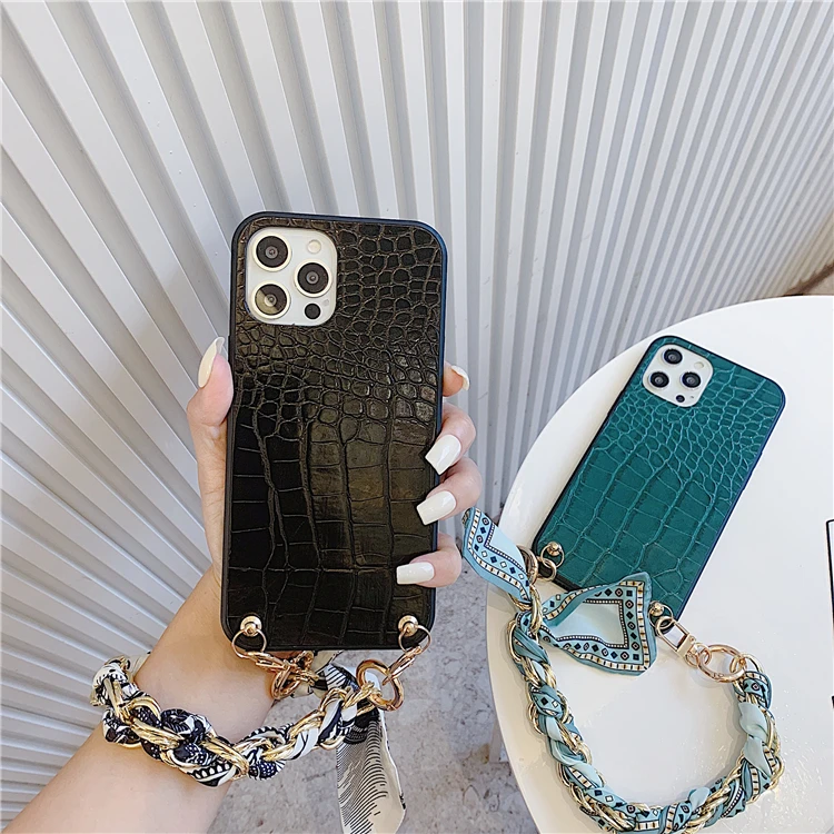 

For iPhone 13 Luxury Women Crocodiles Leather TPU 2 in 1 Phone Case Cover with Silk Scarf Metal chain Hand Portable Straps