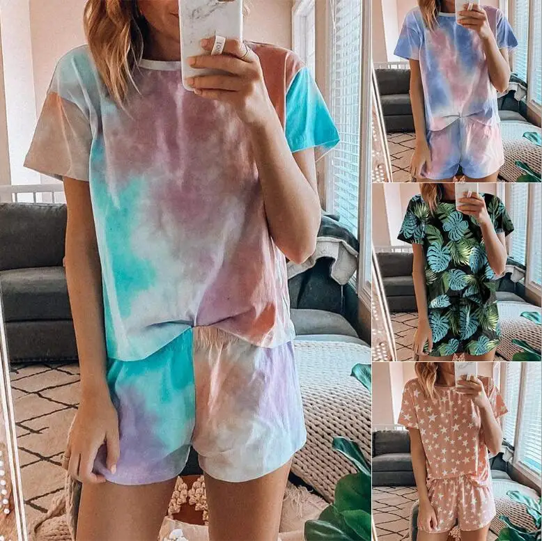 

2021 Women Print Short Sleeve Tops and Shorts 2 Piece Pajamas Sets Tie dye nightwear for summer, Picture color